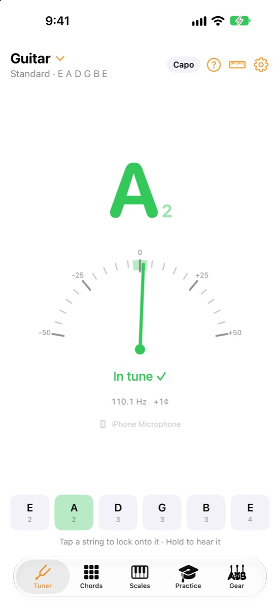 The Concentus tuner showing an A string in tune