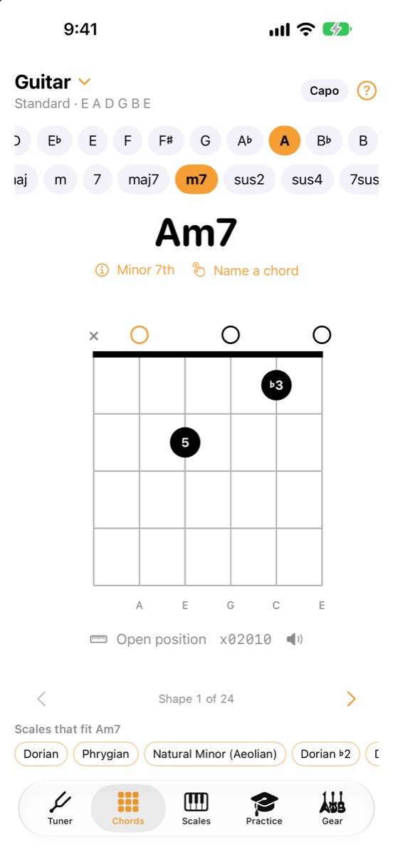 Chord shapes for A minor seven on guitar