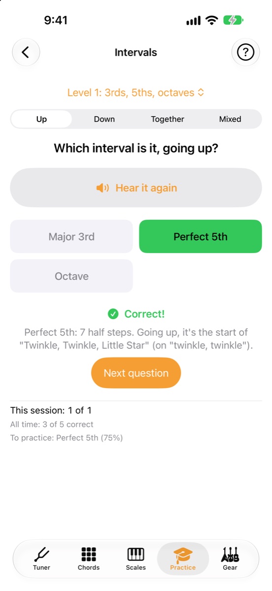 An ear training interval question answered correctly