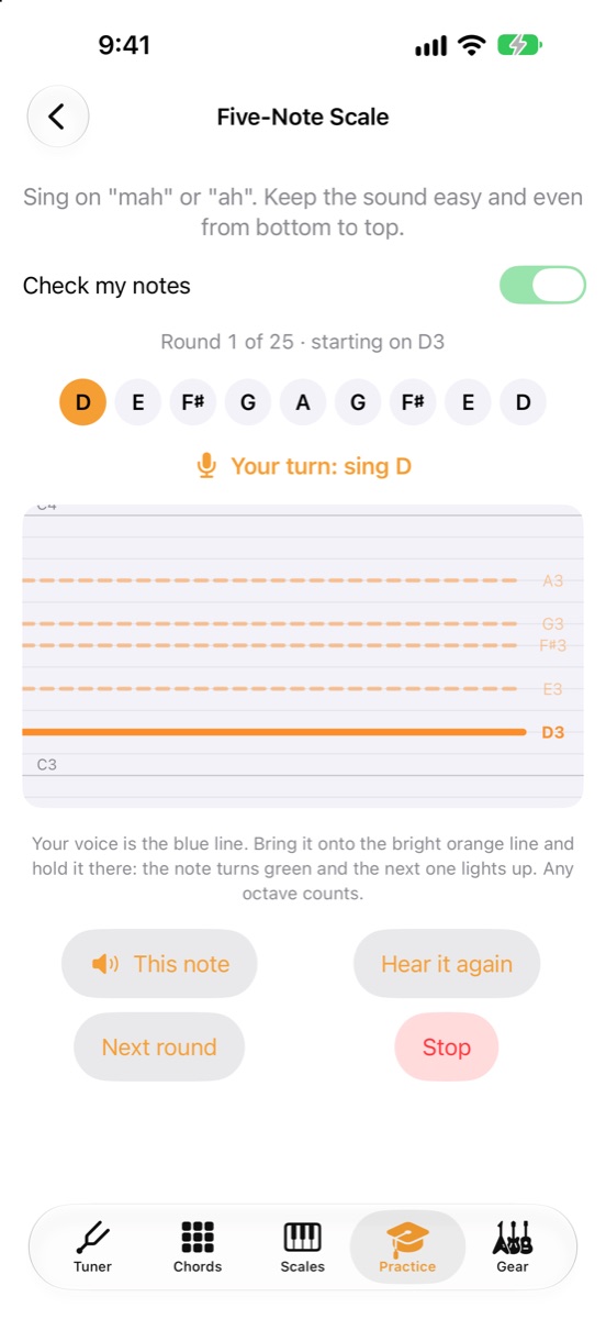 A guided vocal warmup showing target notes